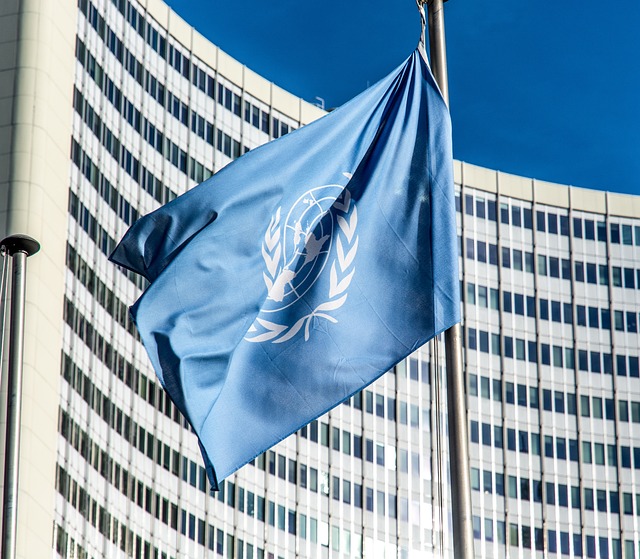Fahne der Vereinten Nationen vor einem Hochhaus